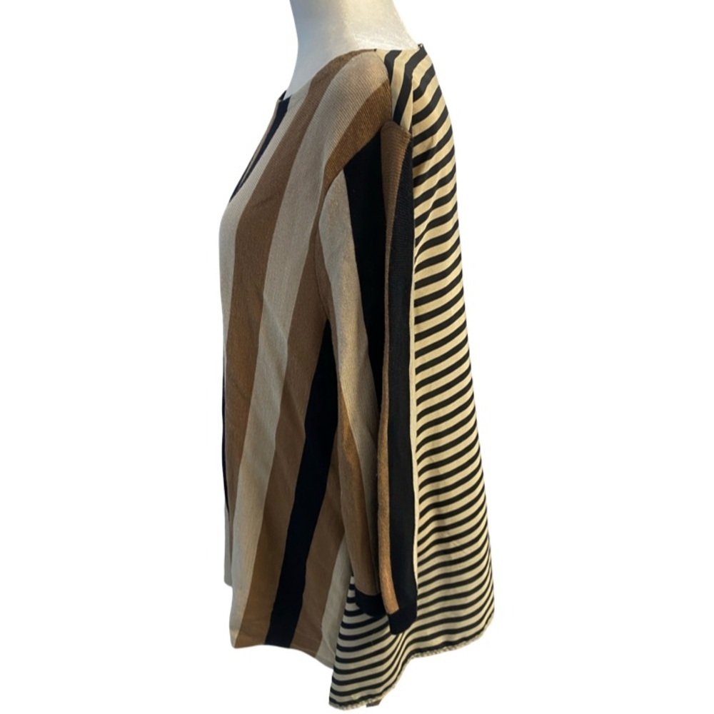 Chico's Trapeze Tunic Sweater Black, Brown, Tan, Cream Striped Elegant Tiny Pull - Picture 9 of 17